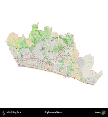 Brighton ve Hove. Birleşik Krallık 'ın idari alanı bir OpenStreetMap Fransız tarzı haritada beyazda izole edildi