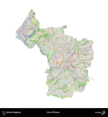 Bristol şehri. Birleşik Krallık 'ın idari alanı bir OpenStreetMap Fransız tarzı haritada beyazda izole edildi