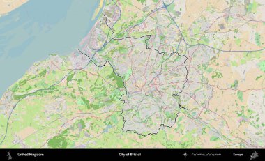 Bristol şehri. Bir OpenStreetMap Fransız tarzı haritada Birleşik Krallık 'ın özetlenmiş idari alanı