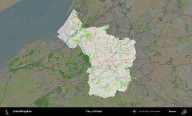 Bristol şehri. Birleşik Krallık 'ın idari alanı koyu renk bir OpenStreetMap Fransız tarzı haritada altı çizilmiş ve özetlenmiştir