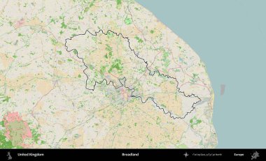 Geniş arazi. Bir OpenStreetMap Fransız tarzı haritada Birleşik Krallık 'ın özetlenmiş idari alanı