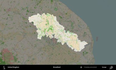 Geniş arazi. Birleşik Krallık 'ın idari alanı koyu renk bir OpenStreetMap Fransız tarzı haritada altı çizilmiş ve özetlenmiştir