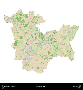 Bromsgrove 'da. Birleşik Krallık 'ın idari alanı bir OpenStreetMap Fransız tarzı haritada beyazda izole edildi