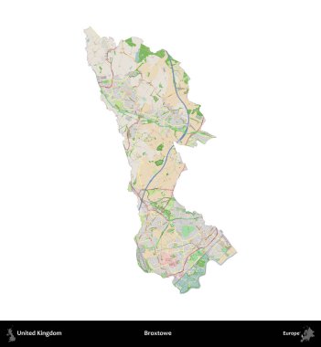 Broxtowe. Birleşik Krallık 'ın idari alanı bir OpenStreetMap Fransız tarzı haritada beyazda izole edildi