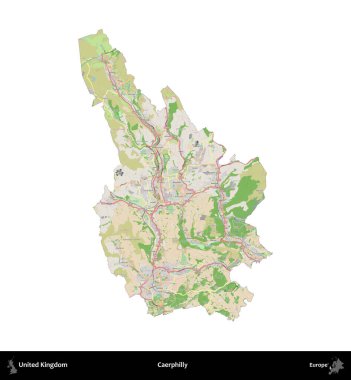 Caerphilly 'de. Birleşik Krallık 'ın idari alanı bir OpenStreetMap Fransız tarzı haritada beyazda izole edildi