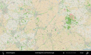 Cambridgeshire ve Peterborough. Bir OpenStreetMap Fransız stili haritasında Birleşik Krallık 'ın idari alanı