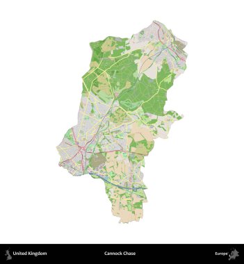 Cannock Chase. Birleşik Krallık 'ın idari alanı bir OpenStreetMap Fransız tarzı haritada beyazda izole edildi