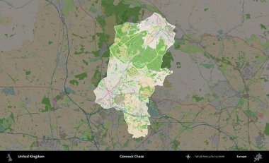 Cannock Chase. Birleşik Krallık 'ın idari alanı koyu renk bir OpenStreetMap Fransız tarzı haritada altı çizilmiş ve özetlenmiştir