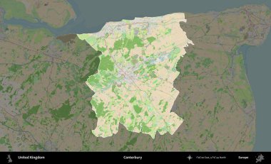 Canterbury 'de. Birleşik Krallık 'ın idari alanı koyu renk bir OpenStreetMap Fransız tarzı haritada altı çizilmiş ve özetlenmiştir