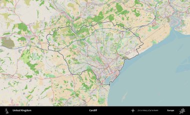 Cardiff. Bir OpenStreetMap Fransız tarzı haritada Birleşik Krallık 'ın özetlenmiş idari alanı