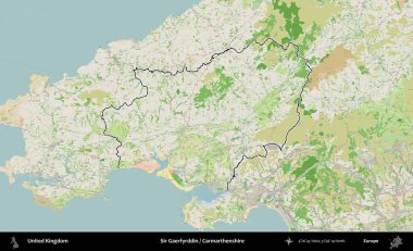 Sör Gaerfyrddin / Carmarthenshire. Bir OpenStreetMap Fransız tarzı haritada Birleşik Krallık 'ın özetlenmiş idari alanı