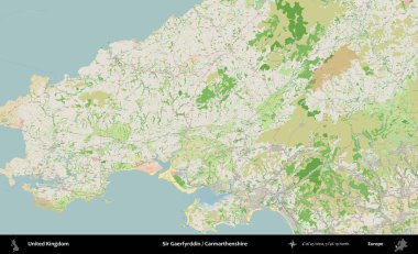 Sör Gaerfyrddin / Carmarthenshire. Bir OpenStreetMap Fransız stili haritasında Birleşik Krallık 'ın idari alanı