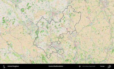 Bedfordshire Merkez. Bir OpenStreetMap Fransız tarzı haritada Birleşik Krallık 'ın özetlenmiş idari alanı