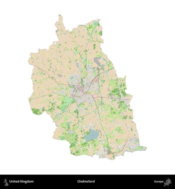 Chelmsford 'da. Birleşik Krallık 'ın idari alanı bir OpenStreetMap Fransız tarzı haritada beyazda izole edildi