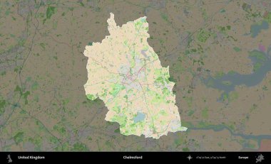 Chelmsford 'da. Birleşik Krallık 'ın idari alanı koyu renk bir OpenStreetMap Fransız tarzı haritada altı çizilmiş ve özetlenmiştir