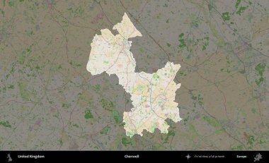 Cherwell. Birleşik Krallık 'ın idari alanı koyu renk bir OpenStreetMap Fransız tarzı haritada altı çizilmiş ve özetlenmiştir