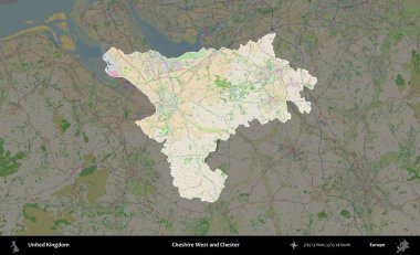 Cheshire West ve Chester. Birleşik Krallık 'ın idari alanı koyu renk bir OpenStreetMap Fransız tarzı haritada altı çizilmiş ve özetlenmiştir