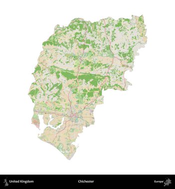 Chichester. Birleşik Krallık 'ın idari alanı bir OpenStreetMap Fransız tarzı haritada beyazda izole edildi