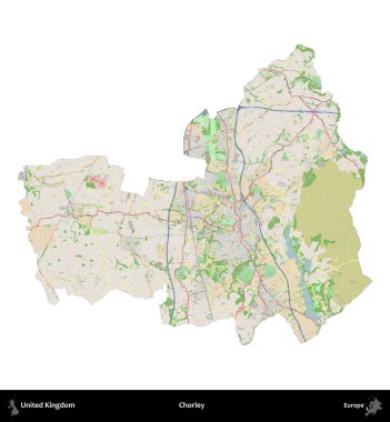 Chorley. Birleşik Krallık 'ın idari alanı bir OpenStreetMap Fransız tarzı haritada beyazda izole edildi