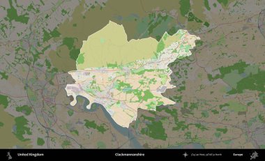 Clackmannanshire. Birleşik Krallık 'ın idari alanı koyu renk bir OpenStreetMap Fransız tarzı haritada altı çizilmiş ve özetlenmiştir