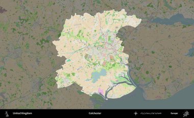 Colchester 'da. Birleşik Krallık 'ın idari alanı koyu renk bir OpenStreetMap Fransız tarzı haritada altı çizilmiş ve özetlenmiştir