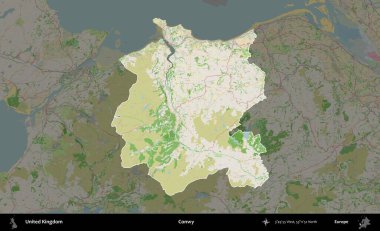 Conwy. Birleşik Krallık 'ın idari alanı koyu renk bir OpenStreetMap Fransız tarzı haritada altı çizilmiş ve özetlenmiştir