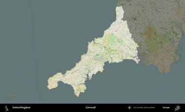 Cornwall 'da. Birleşik Krallık 'ın idari alanı koyu renk bir OpenStreetMap Fransız tarzı haritada altı çizilmiş ve özetlenmiştir