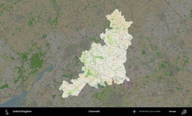 Cotswold. Birleşik Krallık 'ın idari alanı koyu renk bir OpenStreetMap Fransız tarzı haritada altı çizilmiş ve özetlenmiştir