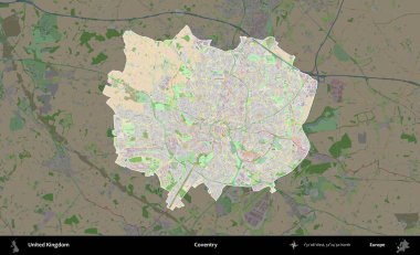 Coventry. Birleşik Krallık 'ın idari alanı koyu renk bir OpenStreetMap Fransız tarzı haritada altı çizilmiş ve özetlenmiştir