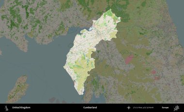 Cumberland. Birleşik Krallık 'ın idari alanı koyu renk bir OpenStreetMap Fransız tarzı haritada altı çizilmiş ve özetlenmiştir
