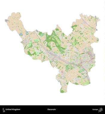 Dacorum. Birleşik Krallık 'ın idari alanı bir OpenStreetMap Fransız tarzı haritada beyazda izole edildi