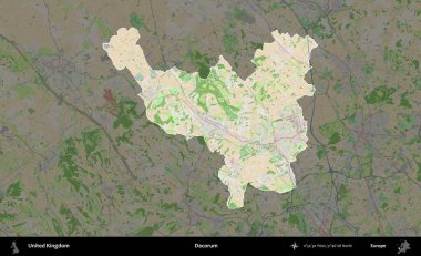 Dacorum. Birleşik Krallık 'ın idari alanı koyu renk bir OpenStreetMap Fransız tarzı haritada altı çizilmiş ve özetlenmiştir