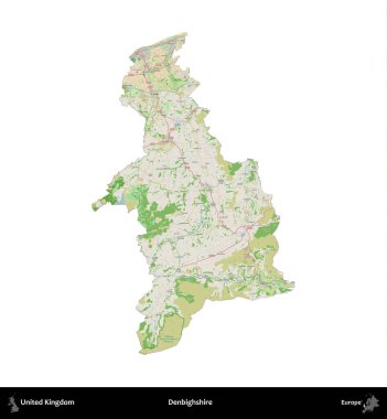 Denbighshire 'da. Birleşik Krallık 'ın idari alanı bir OpenStreetMap Fransız tarzı haritada beyazda izole edildi