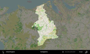Denbighshire 'da. Birleşik Krallık 'ın idari alanı koyu renk bir OpenStreetMap Fransız tarzı haritada altı çizilmiş ve özetlenmiştir
