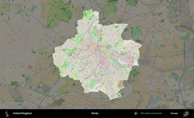 Derbi. Birleşik Krallık 'ın idari alanı koyu renk bir OpenStreetMap Fransız tarzı haritada altı çizilmiş ve özetlenmiştir