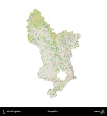 Derbyshire 'da. Birleşik Krallık 'ın idari alanı bir OpenStreetMap Fransız tarzı haritada beyazda izole edildi