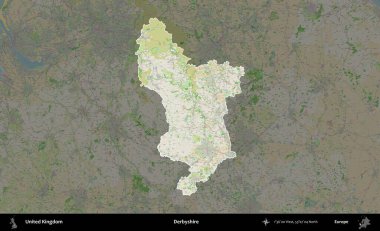 Derbyshire 'da. Birleşik Krallık 'ın idari alanı koyu renk bir OpenStreetMap Fransız tarzı haritada altı çizilmiş ve özetlenmiştir