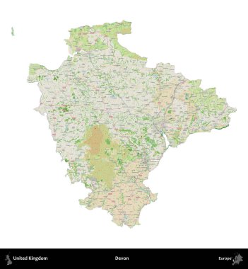 Devon. Birleşik Krallık 'ın idari alanı bir OpenStreetMap Fransız tarzı haritada beyazda izole edildi