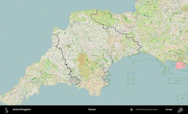 Devon. Bir OpenStreetMap Fransız tarzı haritada Birleşik Krallık 'ın özetlenmiş idari alanı