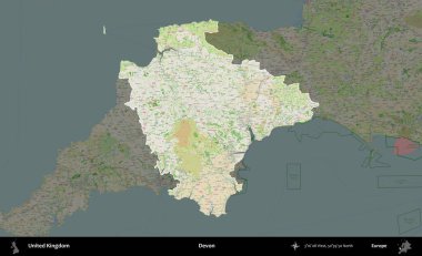 Devon. Birleşik Krallık 'ın idari alanı koyu renk bir OpenStreetMap Fransız tarzı haritada altı çizilmiş ve özetlenmiştir