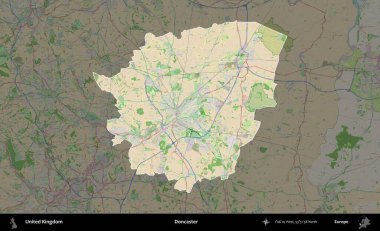 Doncaster 'da. Birleşik Krallık 'ın idari alanı koyu renk bir OpenStreetMap Fransız tarzı haritada altı çizilmiş ve özetlenmiştir