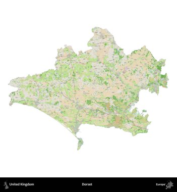 Dorset. Birleşik Krallık 'ın idari alanı bir OpenStreetMap Fransız tarzı haritada beyazda izole edildi