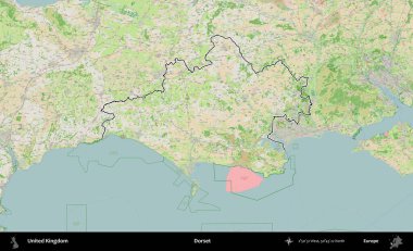 Dorset. Bir OpenStreetMap Fransız tarzı haritada Birleşik Krallık 'ın özetlenmiş idari alanı