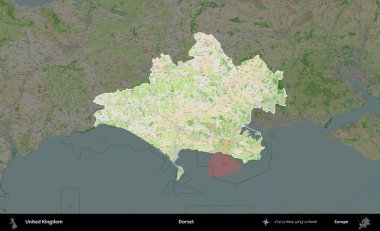 Dorset. Birleşik Krallık 'ın idari alanı koyu renk bir OpenStreetMap Fransız tarzı haritada altı çizilmiş ve özetlenmiştir