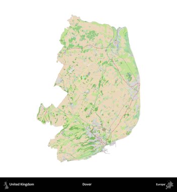 Dover. Birleşik Krallık 'ın idari alanı bir OpenStreetMap Fransız tarzı haritada beyazda izole edildi