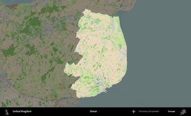 Dover. Birleşik Krallık 'ın idari alanı koyu renk bir OpenStreetMap Fransız tarzı haritada altı çizilmiş ve özetlenmiştir