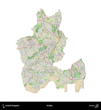 Dudley. Birleşik Krallık 'ın idari alanı bir OpenStreetMap Fransız tarzı haritada beyazda izole edildi