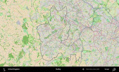 Dudley. Bir OpenStreetMap Fransız tarzı haritada Birleşik Krallık 'ın özetlenmiş idari alanı