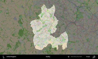 Dudley. Birleşik Krallık 'ın idari alanı koyu renk bir OpenStreetMap Fransız tarzı haritada altı çizilmiş ve özetlenmiştir