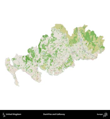 Dumfries ve Galloway. Birleşik Krallık 'ın idari alanı bir OpenStreetMap Fransız tarzı haritada beyazda izole edildi